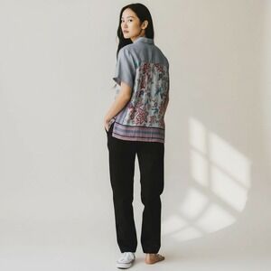 J. Jill Blue Striped Button Up Shirt Size S Linen Front Floral Back Short Sleeve